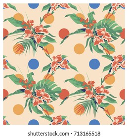 Seamless summer Hawaiian tropical pattern with, palm leaves and flowers.