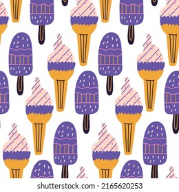 Patrón de helados de verano sin foco. Sabroso fondo de tela textil. Arte de minimalismo vectorial naif dibujado a mano