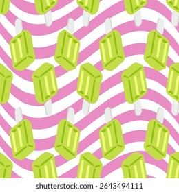 Padrão De Tratamento De Gelo De Verão Sem Costura. Padrão contínuo com frutas verdes congeladas trata em varas. Estilo de desenho plano em fundo listrado ondulado rosa.