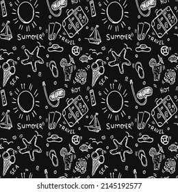Seamless summer icons pattern. Doodle vector with summer icons on black background. Vintage summer icons