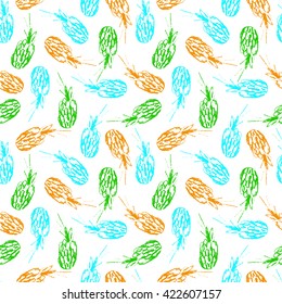 Seamless summer illustration pineapple fruit pattern background in vector. Tropical exotic hawaiian seamless pattern with bright drawn pineapples in vector. Colorful abstract background Funky fruits