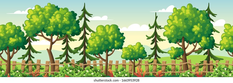 Seamless summer landscape with trees, fence and flowers. Vector Illustrations with separate layers. Concept for banner, web background and templates. 