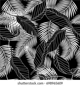 Seamless of Summer leaves with in the garden, Botanical natural leaves Illustration on black and white in hand drawing style.