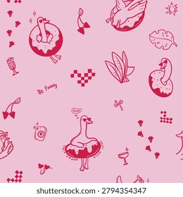 Seamless summer love pattern with cute goose, cherries, donuts, cocktails, leaves, camera and goose footprints. Fun romantic design with playful summer vibe for wrapping paper, textile and prints.