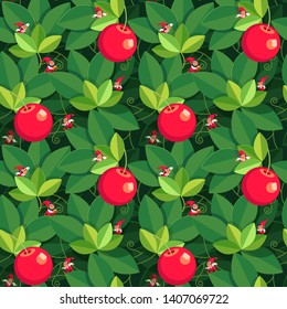 Seamless summer magic garden pattern, cute gnomes in red hats and cherry on green background. Vector illustration