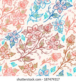 seamless summer natural abstract pattern with multicolored flowers on a beige background. vector illustration 