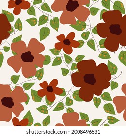 Seamless summer natural floral pattern, abstract red flowers and  green leaves,  white background. Hand drawing. Design for textiles, wallpapers, printed products. Vector illustration