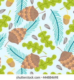 Seamless summer nature vector pattern background with leaves, evergreen branches, acorn and cones.
