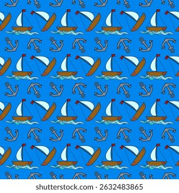 Seamless summer nautical cartoon pattern with sailboats, anchors, and ocean waves on blue background. For summertime, maritime and sea clothing design, bedding, wrapping paper, and nursery wallpaper.