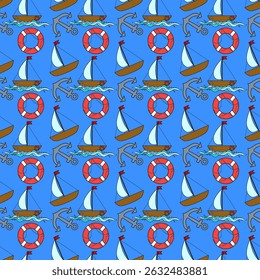 Seamless summer nautical cartoon pattern with sailboats, anchors, life buoys, ocean waves on blue background. For summertime, maritime, sea clothing design, bedding, wrapping paper, and wallpaper.
