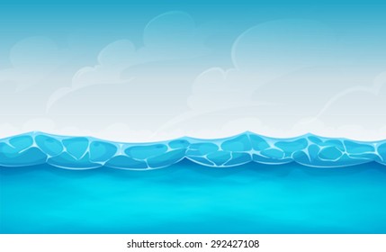 Seamless Summer Ocean Background For Ui Game/
Illustration of cartoon wide seamless water waves and ocean patterns, for summer holidays vacations landscape, or repetitive background for ui game