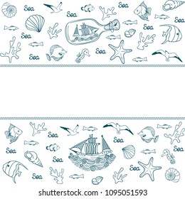 Seamless Summer Ocean Horisontal Pattern With Rope Border, Ship In A Bottle, Shells, Fish, Seastar, Seahorse. Hand Drawing Line Art Fabric Print