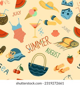 Seamless summer patter. Cute pictures and inscriptions on the theme of a summer beach holiday