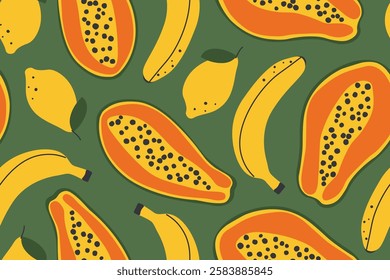 seamless summer patter with papaya, banana, lemon fruits- vector illustration