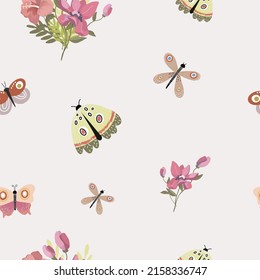 Seamless summer pattern, with abstract magnolia, butterflies, vector.