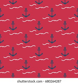 Seamless summer pattern with anchor elements and stylized waves.