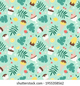 Seamless summer pattern with assorted ice cream, tropical leaves and fruits.
