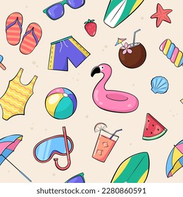 Seamless summer pattern with summer, beach accessories and objects in a cartoon, comic style