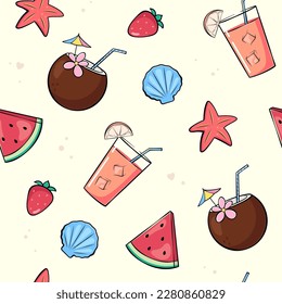 Seamless summer pattern with summer, beach accessories and objects in a cartoon, comic style