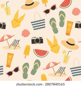 Seamless summer pattern with beach accessories and vacation elements