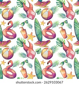 Seamless summer pattern with beach ball, flamingo, palm leaves, and starfish. Bright red and yellow color palette. Perfect for vacation-themed designs, textiles, wrapping paper
