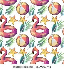 Seamless summer pattern with beach ball, flamingo, palm leaves, and starfish. Bright red and yellow color palette. Perfect for vacation-themed designs, textiles, wrapping paper
