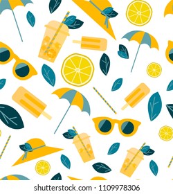Seamless summer pattern with beach elements: sunglasses, sliced lemon, cocktail, hat, umbrella and ice cream. Vector illustation in a flat style for backgrounds and wallpapers