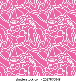 seamless summer pattern with beach elements, umbrella, hat, flip-flop, flowers on pink background