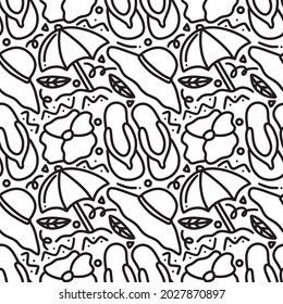 seamless summer pattern with beach elements, umbrella, hat, flip-flop, flowers on white background