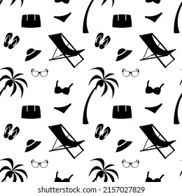 Seamless summer pattern with beach elements such as palm, bag, hat, swimsuit, flip flops, sunglasses, chair. Vector illustration with black silhouette