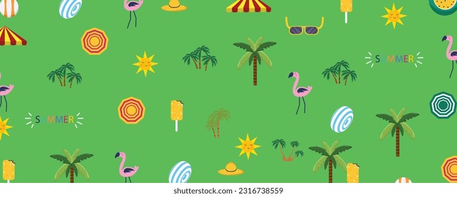 seamless summer pattern beach elements such as sunglasses, palm, watermelon slice, tote bag, umbrella, ice cream, waves, sand. Fashion print design