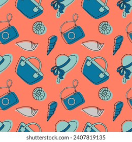 Seamless summer pattern with beach elements such as tote bag, hat, camera, shells. Fashion print design, vector illustration in blue and orange colors