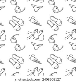 Seamless summer pattern with beach elements such as sunglasses, bikini, flip flops, ice cream.