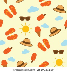 Seamless Summer Pattern with Beach Elements such as sun hats, sunglasses, ice cream cones, popsicles, fluffy clouds, and a shining sun on a soft pastel background. Perfect for summer-themed 
