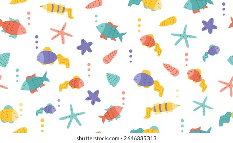 Seamless summer pattern with beach objects. Beach, vacation, summer concept. Background of shells, fishes, stars. Vector flat backdrop.	