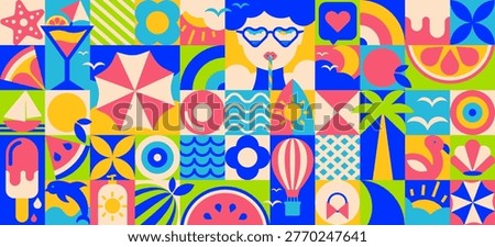 Seamless summer pattern with beach, sea and tropical elements in geometric mosaic style, abstract vacation background design in a vector illustration 
