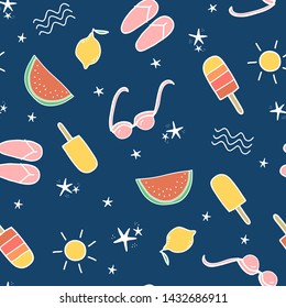 Seamless Summer Pattern, Beach Time Pattern, Cute Drawing Summer Theme