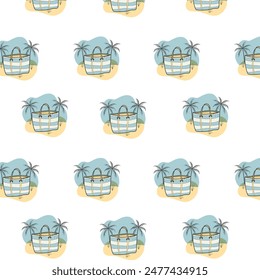Seamless summer pattern of beach tote bags with palm trees in the background, depicted in a serene beach setting, isolated