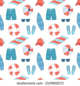 Seamless summer pattern beach vacation. Lifebuoy, shorts, flip-flops, lifebuoy, cap, ball, sunglasses, beach towel. Flat vector illustration