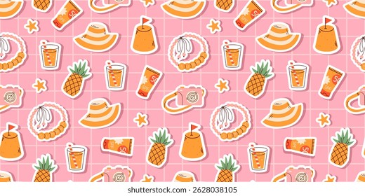 Seamless summer pattern with beach vacation essentials wide hats, pineapples, sunscreen, cameras, tropical drinks, bracelets, sandcastles, and starfish. Perfect for travel, and holiday themes.