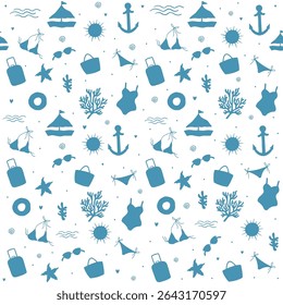 Seamless summer pattern with beach vacation icons including swimwear, coral, bags, sunglasses, anchors, boats and tropical symbols in flat silhouette style