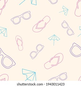 Seamless summer pattern. Beach vector illustration. Outline background with sunglasses, flip flops and umbrellas. Vector pattern on a yellow background. 