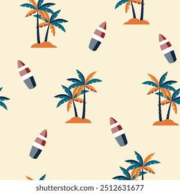 seamless summer pattern. With a beautiful sand color background. Coconut tree and surfboard pattern
