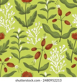Patrón de verano sin fisuras con hermosas flores silvestres sobre un fondo verde. Patrón de verano para telas de mujer. Ilustración vectorial plana.