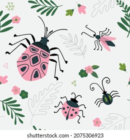 Seamless summer pattern with beetles and ladybirds. Cute insects background. Vector