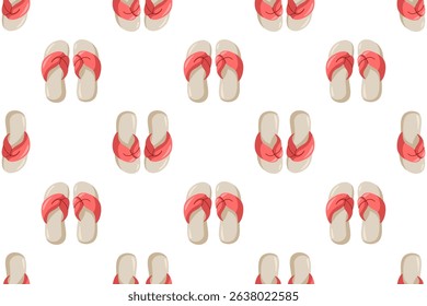 Seamless summer pattern with beige flip-flops and pink straps. Cartoon vector repeating illustration on white background