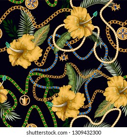 Seamless summer pattern with belts, chains and tropical leaves and flowers. Trendy fashion print