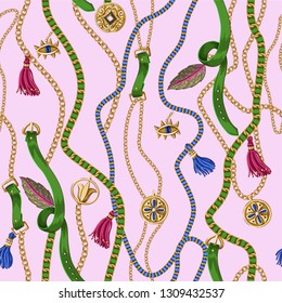 Seamless summer pattern with belts, chains and tropical leaves . Trendy fashion print