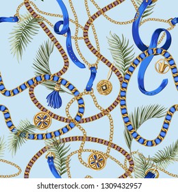 Seamless summer pattern with belts, chains and tropical leaves and flowers. Trendy fashion print