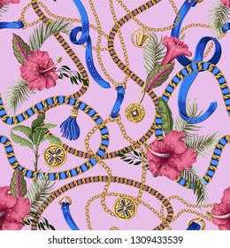 Seamless summer pattern with belts, chains and tropical leaves and flowers. Trendy fashion print